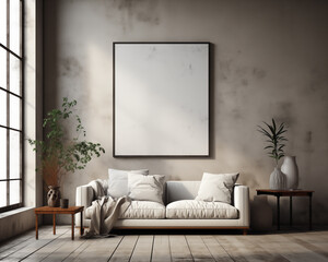 Industrial Style Furniture Room Mockup, Empty Poster Frame Mockup, 3D Interior Render