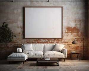 Industrial Style Furniture Room Mockup, Empty Poster Frame Mockup, 3D Interior Render