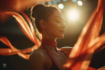 beautiful young woman in red silk ribbons on stage with lights - obrazy, fototapety, plakaty