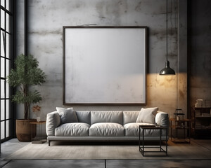 Industrial Style Furniture Room Mockup, Empty Poster Frame Mockup, 3D Render Interior Mockup
