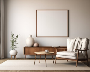 Mid Century Style Furniture Room Mockup, Empty Poster Frame Mockup, 3D Render Interior Mockup
