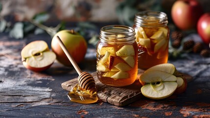 pairing of honey with juicy apples, presented in a glass jar with a wooden spoon dipper,...
