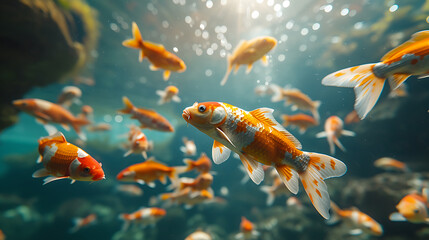 beautiful koi fishes in underwater with the sunlight penetration - obrazy, fototapety, plakaty