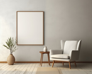 Mid Century Style Furniture Room Mockup, Empty Poster Frame Mockup, 3D Interior Render