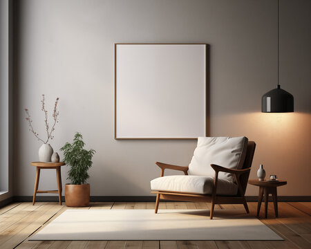Mid Century Style Furniture Room Mockup, Empty Poster Frame Mockup, 3D Interior Render