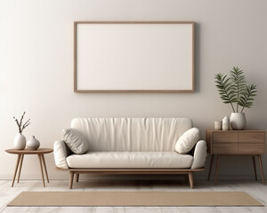 Scandinavian Style Furniture Room Mockup, Empty Poster Frame Mockup, 3D Render Interior Mockup