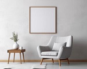 Scandinavian Style Furniture Room Mockup, Empty Poster Frame Mockup, 3D Interior Render