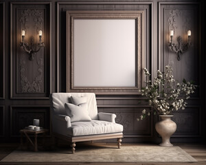 Tudor Style Furniture Room Mockup, Empty Poster Frame Mockup, 3D Interior Render