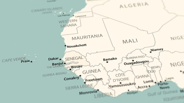 Senegal on the world map. Smooth map rotation. 4K animation.