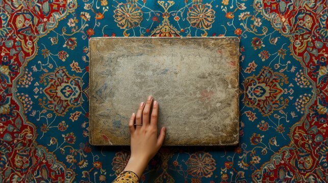 hand is gently touching the edge of the scroll as if to unroll or explore its content