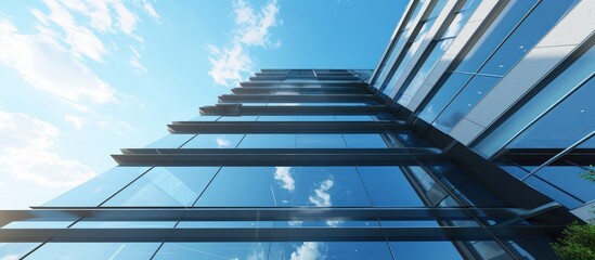 3d rendering modern high rise building exterior with glass wall on blue sky background. AI generated