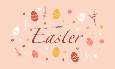 Easter pattern in pastel colors with bunnies and eggs on a pink background. Vector horizontal pattern with the inscription 