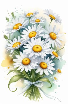 Beautiful hand drawn white watercolor daisies. Hand drawn watercolor painting of daisy flowers for illustration, print, etc
