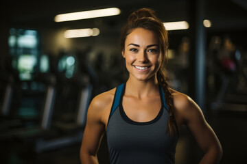 Fototapeta premium Smiling female Physical Fitness Instructor showcasing her strength and dedication in a well-equipped gym