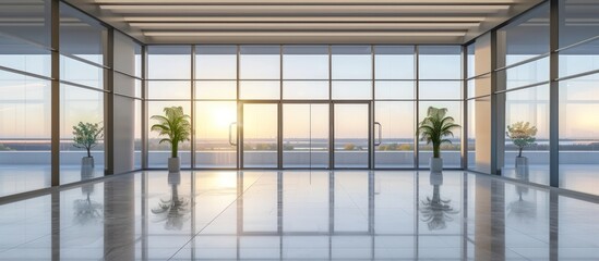 Interior design a empty office lobby and glass curtain wall with frame at sunny. AI generated image