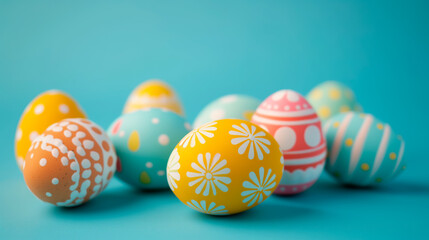 Fototapeta na wymiar Colorful painted Easter eggs aligned on vibrant blue background, seasonal holiday decorations, Easter concept. 