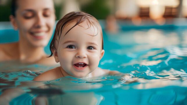 Mother teaching her baby to swim in a pool, family bonding and early childhood development concept. Shallow field of view, focus on child.