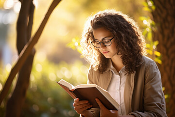 Fototapeta premium A Studious Young Lady with Curly Black Hair and Glasses Absorbed in a Book Amidst the Serene Greenery of a Park