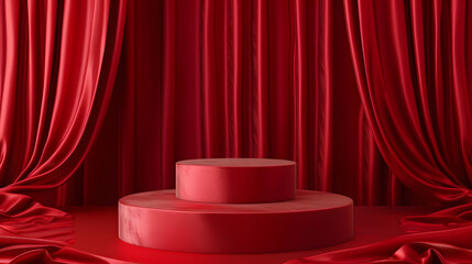 Red podium with a luxurious background, red podium with red curtains, a place to display products, a podium to advertise a product