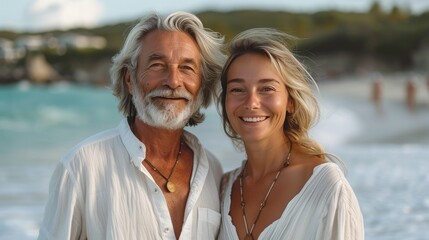 Beautiful, very elegant couple, 60 years old with white hair on a beach.