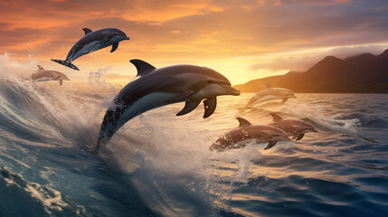 photo of a dolphins, dolphins at sunset, dolphins in the sea, dolphin jumping into water, shark in the sea, shark in the ocean