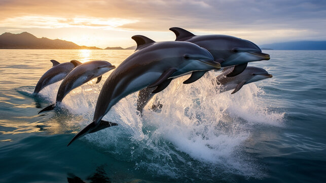 photo of a dolphins, dolphins at sunset, dolphins in the sea, dolphin jumping into water, shark in the sea, shark in the ocean