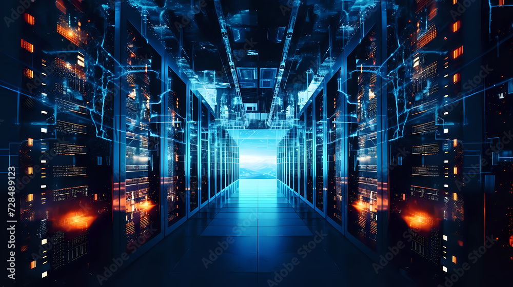 Poster data center of the future futuristic server room with dynamic lighting, representing high-speed data