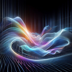 Dynamic abstract waves of holographic light blending seamlessly.