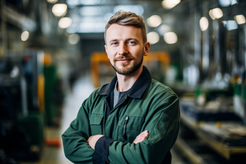 Obraz premium Portrait of a confident Industrial Training Manager overseeing operations on a busy factory floor