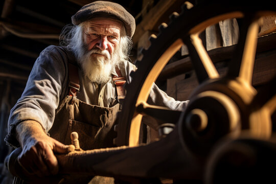 A portrait capturing the essence of a skilled millwright amidst the backdrop of an age-old mill