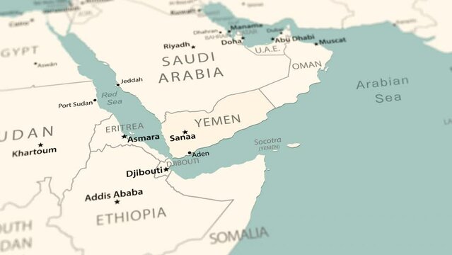 Yemen on the world map. Smooth map rotation. 4K animation.