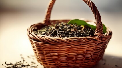 Basket with dried tea leaves.