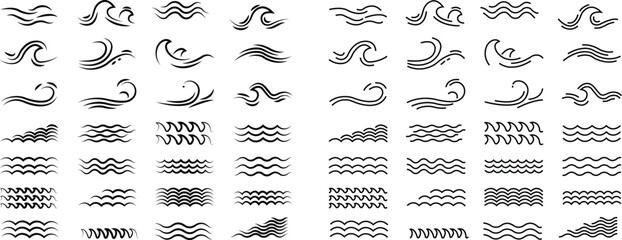Sea wave icon set. Water logo, line ocean symbol in vector trendy flat style. Various wave water lake river black linear bundle collection package design isolated on transparent background. - obrazy, fototapety, plakaty