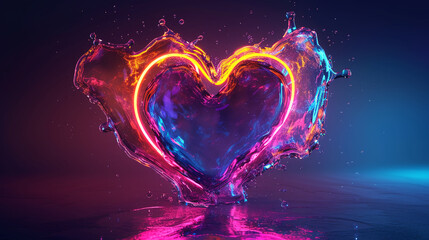3d transparent heart shape on a dark background. fluid neon glass-like sculpture. a glowing heart shaped object in the style of realistic hyper-detail neo realism. romantic emotion, lovecore wallpaper