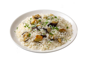 Traditional Turkish food; Eggplant rice pilaf. Turkish name; Patlicanli pirinc pilavi