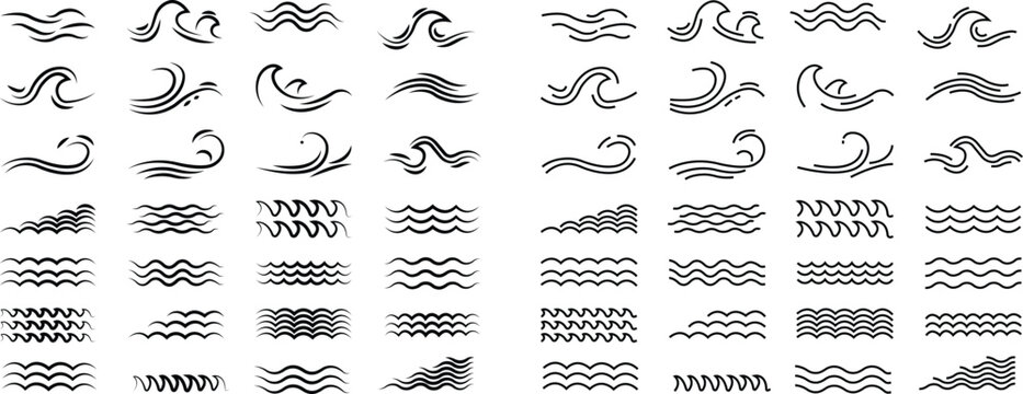 Sea wave icon set. Water logo, line ocean symbol in vector trendy flat style. Various wave water lake river black linear bundle collection package design isolated on transparent background.