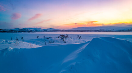 Pink sky and blue snow. Winter sunset in Finland