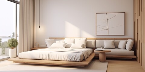 Minimalistic interior design for small condominium featuring a Japanese-inspired aesthetic with a white and wood bedroom and sofa area.