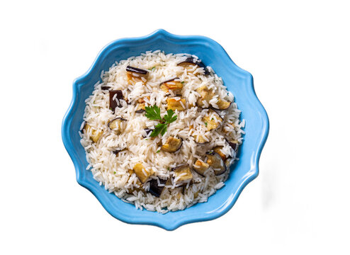 Traditional Turkish food; Eggplant rice pilaf. Turkish name; Patlicanli pirinc pilavi