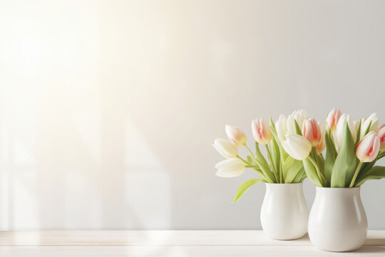 White tulips in a vase on the windowsill, spring concept.