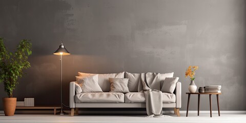 Empty grey wall accents a stunning living room interior styled with a retro flair.