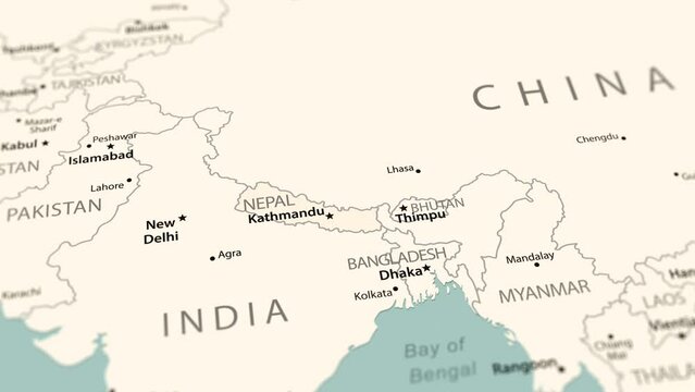 Nepal on the world map. Smooth map rotation. 4K animation.
