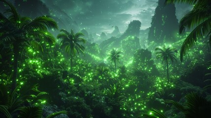 Enchanted Nighttime Jungle with Glowing Foliage. Mystical jungle at night, illuminated by bioluminescent plants under a starry sky.
