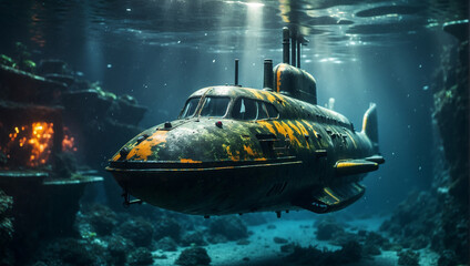 Military submarine diving underwater - obrazy, fototapety, plakaty