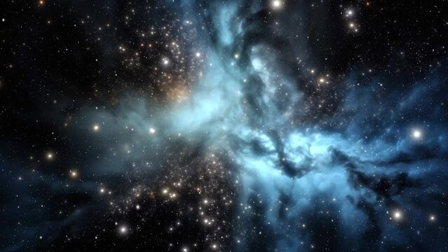 A blue cosmic nebula consisting of stars and cosmic dust.