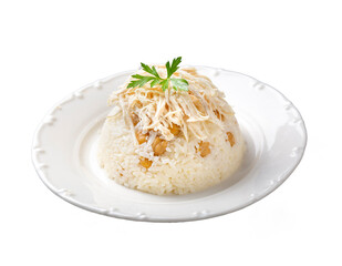 Traditional delicious Turkish food; Rice with chickpeas and chicken (Turkish name; Tavuklu nohutlu pilav or pilaf)