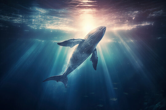 Majestic Humpback Whale Swimming in Sunlit Ocean Depths