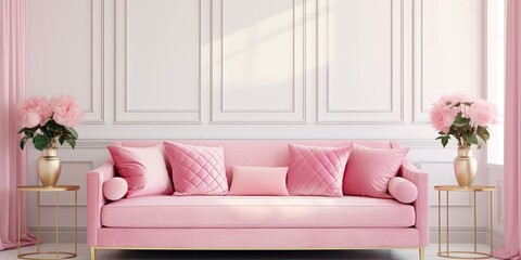 Living room interior with a pink sofa, pillows, a wall poster, and golden tables. Genuine photograph.