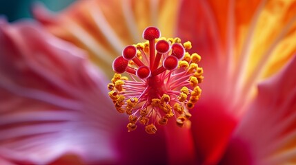 A macro photograph of the center of a tropical flower. 