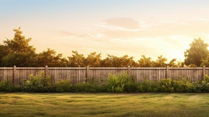 Back Yard Environment Concept. Empty Backyard with Foliage Background and Fence at Sunset  - obrazy, fototapety, plakaty